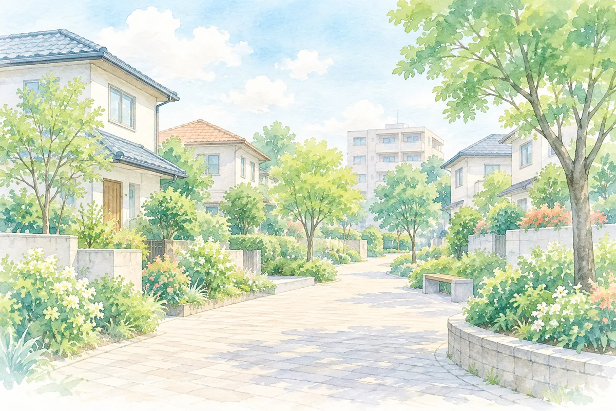 緑と住宅が並ぶ街並みの水彩イラスト