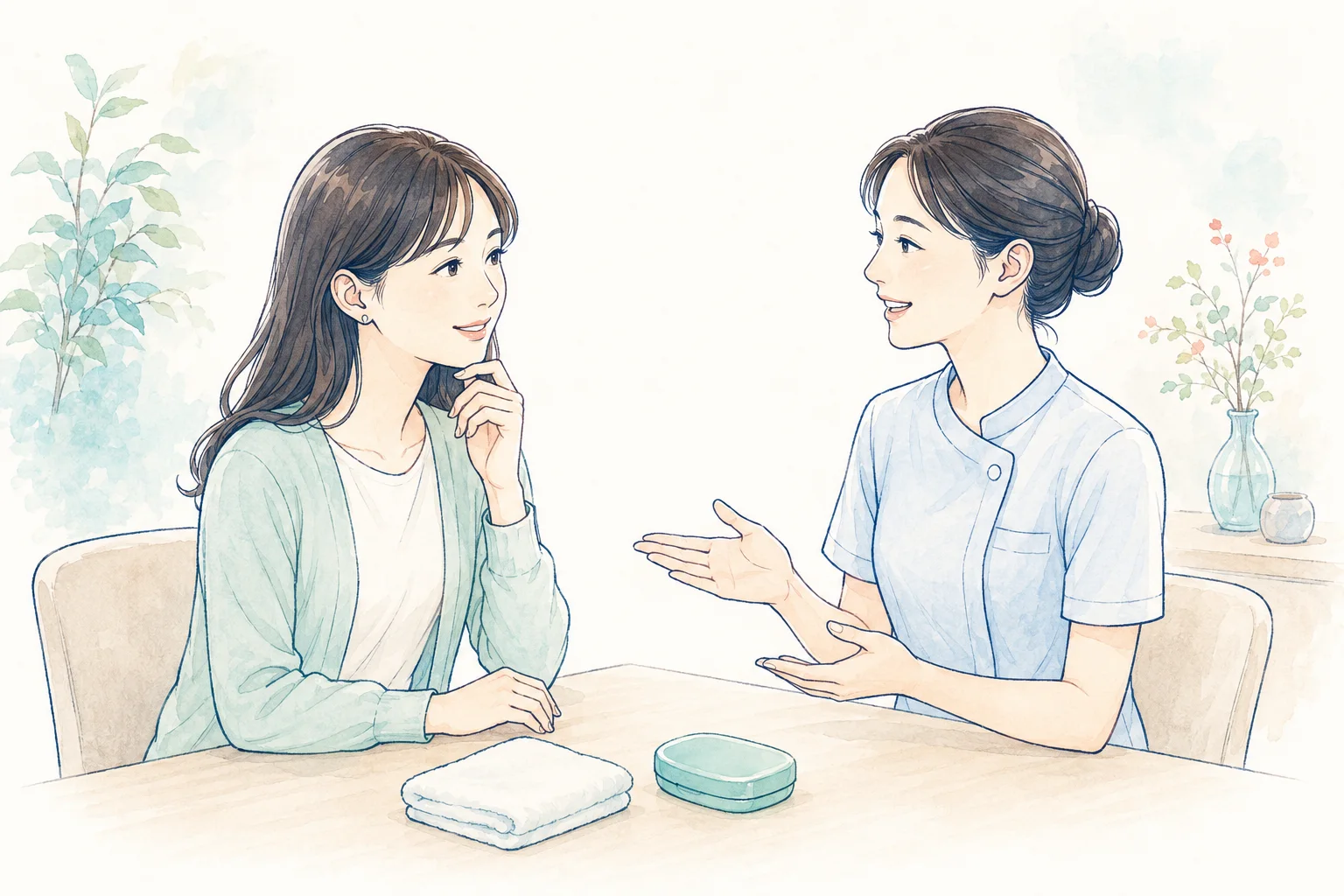 ホームケアについて相談する女性と歯科スタッフのイラスト